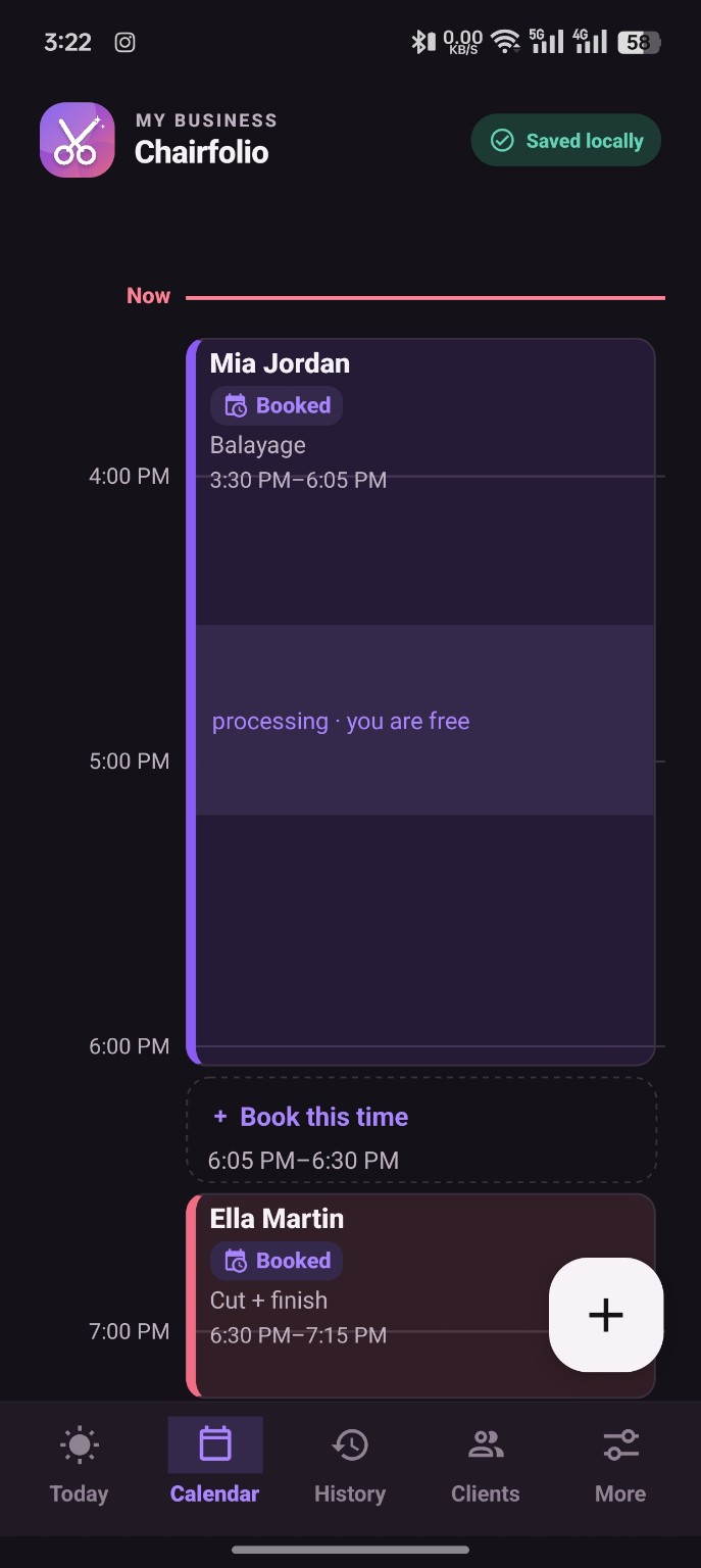 Chairfolio calendar timeline with appointments, processing time, and an available booking gap