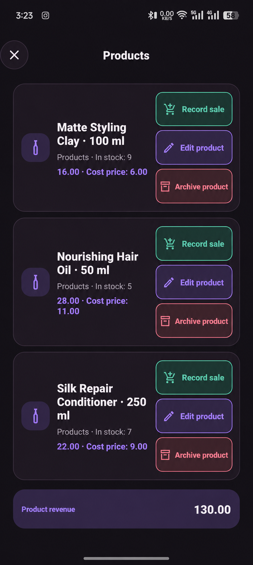 Chairfolio Products preview with sample stock, prices, sales actions, and product revenue; button spacing adjusted for presentation