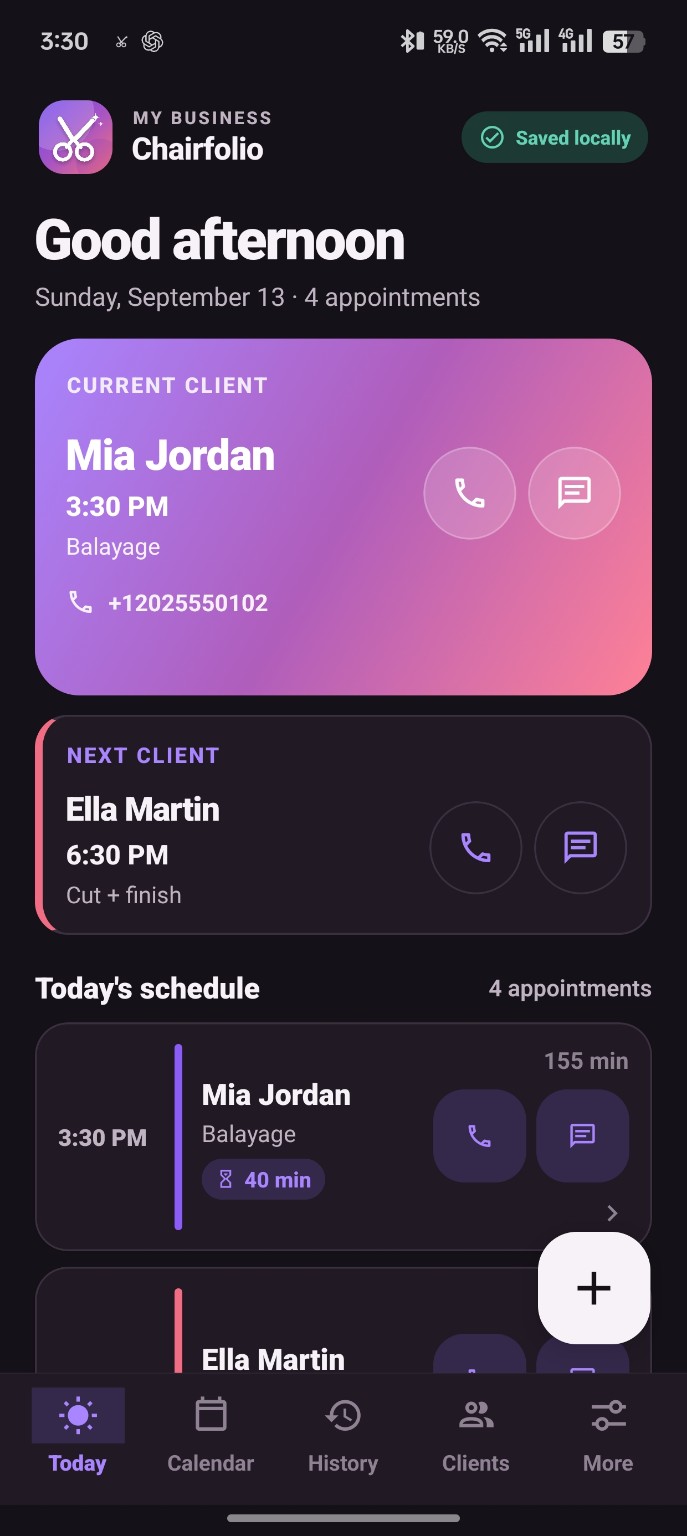 Chairfolio Today in dark mode, showing Mia Jordan as the current client and Ella Martin next