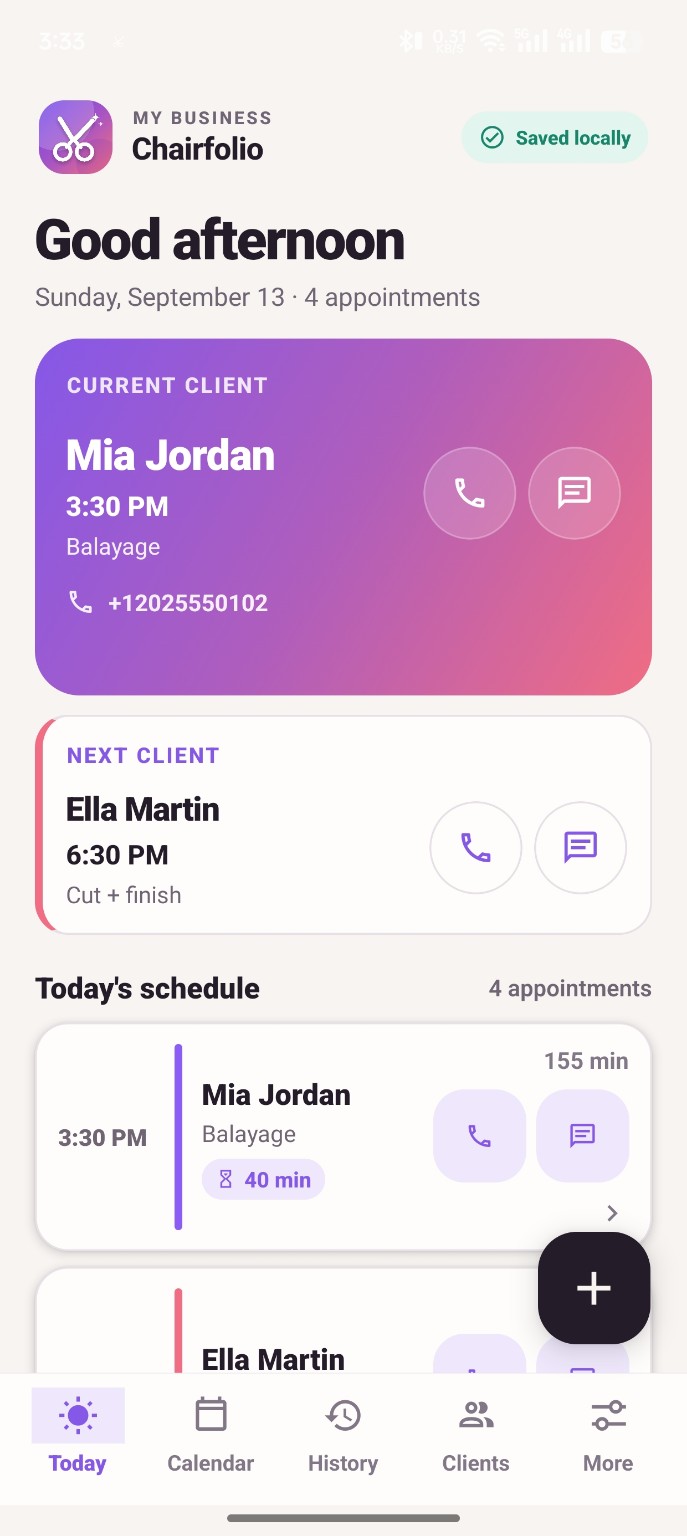 Chairfolio Today in light mode, showing Mia Jordan as the current client and Ella Martin next